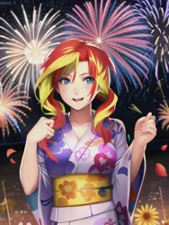 Size: 512x682 | Tagged: safe, derpibooru import, editor:sammykun, machine learning generated, novelai, stable diffusion, sunset shimmer, human, anime style, beautiful, clothes, fireworks, flower, happy new year, holiday, humanized, image, japanese, jpeg, kimono (clothing), looking at you, moon runes, night, yukata