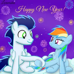 Size: 1300x1300 | Tagged: safe, artist:mlplary6, derpibooru import, rainbow dash, soarin', pegasus, pony, female, fireworks, happy new year, happy new year 2023, holding hooves, holiday, image, looking at each other, looking at someone, male, mare, png, shipping, smiling, smiling at each other, soarindash, stallion, straight