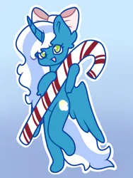 Size: 768x1024 | Tagged: safe, artist:racheldragon21, derpibooru import, oc, oc:fleurbelle, unofficial characters only, alicorn, pony, semi-anthro, :d, alicorn oc, bow, candy, candy cane, christmas, female, food, hair bow, happy, holiday, horn, image, mare, open mouth, open smile, png, simple background, smiling, solo, wings, yellow eyes