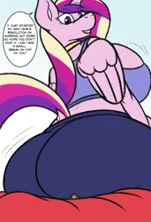Size: 3337x4872 | Tagged: suggestive, artist:squishi, derpibooru import, princess cadance, oc, alicorn, anthro, goat, pony, big breasts, breasts, busty princess cadance, butt, dock, female, fetish, giantess, huge breasts, hyper, hyper breasts, image, impossibly large breasts, looking back, lovebutt, macro, male, micro, png, size difference, tail