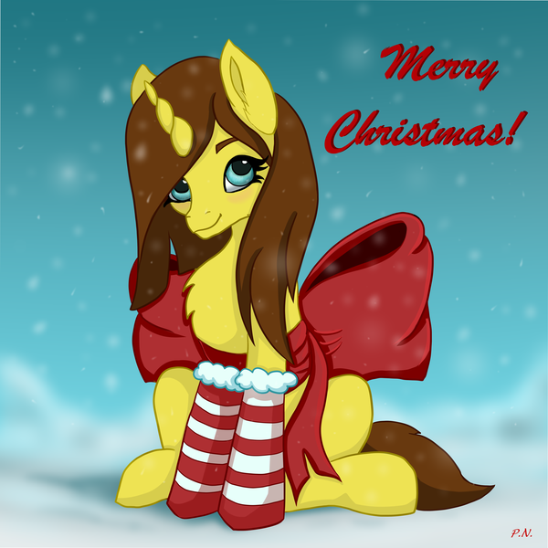 Size: 4134x4134 | Tagged: safe, artist:palettenight, derpibooru import, oc, unofficial characters only, pony, unicorn, blue eyes, bow, christmas, clothes, fluffy, happy new year, holiday, image, merry christmas, png, secret santa, snow, snowfall, socks, solo, striped socks, winter