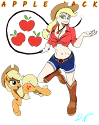 Size: 2248x2840 | Tagged: suggestive, artist:holdenwolfart, derpibooru import, applejack, earth pony, human, pony, belly button, boots, breasts, busty applejack, cleavage, clothes, daisy dukes, front knot midriff, human ponidox, image, midriff, png, self paradox, self ponidox, shoes, shorts, simple background, smiling, transparent background, whip
