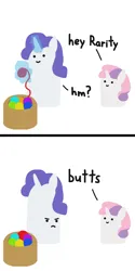 Size: 1000x2000 | Tagged: safe, artist:2merr, ponerpics import, rarity, sweetie belle, 2 panel comic, :), blob ponies, butts, comic, dialogue, dot eyes, duo, duo female, female, image, magic, png, rarity is not amused, simple background, smiley face, smiling, telekinesis, unamused, white background, yarn, yarn ball