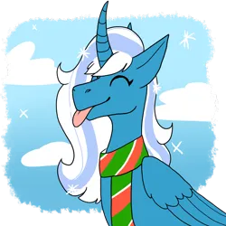 Size: 2000x2000 | Tagged: safe, artist:penultimate-wishes, derpibooru import, oc, oc:fleurbelle, unofficial characters only, alicorn, pony, alicorn oc, bust, catching snowflakes, clothes, cloud, curved horn, eyes closed, female, folded wings, happy, high res, horn, image, mare, partial background, png, scarf, simple background, sky, snow, snowfall, snowflake, solo, tongue out, transparent background, wings