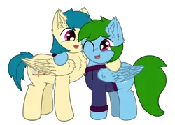 Size: 2500x1786 | Tagged: safe, artist:fliegerfausttop47, artist:sweetielover, derpibooru import, oc, oc:icy, oc:vel, unofficial characters only, pegasus, pony, derpibooru community collaboration, 2023 community collab, blue mane, chest fluff, clothes, cute, daaaaaaaaaaaw, duo, ear fluff, green mane, happy, hug, image, magenta eyes, png, simple background, smiling, transparent background