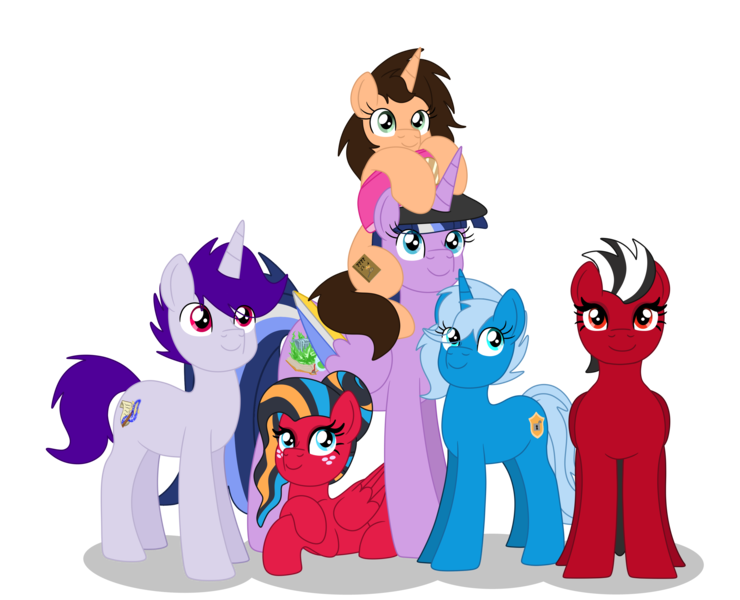 Size: 3089x2506 | Tagged: safe, artist:lynnthenerdkitty, derpibooru import, oc, oc:google chrome, oc:paddy sparkle, oc:shatter misty cloud, oc:sirius, oc:small brooke, oc:windblade, alicorn, earth pony, pegasus, pony, unicorn, derpibooru community collaboration, 2023 community collab, browser ponies, google chrome, group, image, png