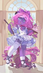 Size: 3265x5471 | Tagged: safe, artist:saxopi, derpibooru import, oc, oc:lillybit, unofficial characters only, earth pony, semi-anthro, adorkable, bow, clothes, commission, cute, dork, earth pony oc, gaming headset, headphones, headset, image, maid, platter, png, ribbon, smiling, socks, stockings, thigh highs