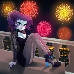 Size: 800x800 | Tagged: safe, artist:riouku, derpibooru import, rarity, equestria girls, 2023, balcony, blushing, choker, clothes, cute, dress, ear piercing, earring, eyeshadow, female, fireworks, happy new year, happy new year 2023, high heels, holiday, image, jewelry, jpeg, lace, lipstick, looking at you, makeup, nail polish, new year, night, piercing, raribetes, shoes, socks, solo, stockings, thigh highs