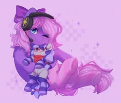 Size: 2272x1930 | Tagged: safe, artist:floweryoutoday, derpibooru import, oc, oc:cinnabyte, oc:lillybit, unofficial characters only, adorkable, bow, clothes, cute, dork, gaming headset, headphones, headset, image, plushie, png, ribbon, scarf, smiling, snow, socks, striped socks