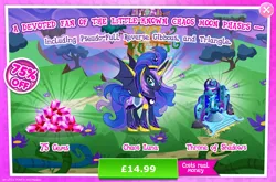 Size: 1962x1298 | Tagged: safe, derpibooru import, official, princess luna, alicorn, pony, advertisement, armor, bat wings, bush, chaos, costs real money, crown, english, female, gameloft, gem, horn, image, jewelry, jpeg, mare, mobile game, my little pony: magic princess, numbers, regalia, sale, solo, solo focus, spread wings, text, throne, torch, wings