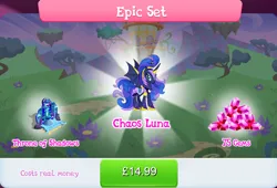 Size: 1262x856 | Tagged: safe, derpibooru import, official, princess luna, alicorn, pony, armor, bat wings, bundle, bush, chaos, costs real money, crown, english, female, gameloft, gem, horn, image, jewelry, jpeg, mare, mobile game, my little pony: magic princess, numbers, regalia, sale, solo, solo focus, spread wings, text, throne, torch, wings