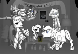 Size: 2480x1709 | Tagged: safe, artist:damset, derpibooru import, oc, oc:da-mset, unofficial characters only, changeling, 3d, cider, cloak, clothes, destruction, drunk, g1, g2, g3, g3.5, happy new year, happy new year 2023, holiday, image, jpeg, monochrome, one eyed, party, pony in a bottle, squatpony, t pose, warp-zone