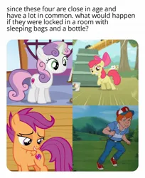 Size: 1126x1382 | Tagged: safe, screencap, apple bloom, danny williams, scootaloo, sweetie belle, earth pony, human, pegasus, pony, unicorn, friendship is magic, my little pony 'n friends, on your marks, the great rainbow caper, the show stoppers, autism in the comments, children, female, filly, g1, g4, image, jpeg, male, sleepover