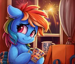 Size: 1209x1036 | Tagged: safe, artist:zeepheru_pone, derpibooru import, rainbow dash, pegasus, pony, 2023, cheek fluff, chest fluff, clothes, curtains, cute, dashabetes, ear fluff, female, fireworks, happy new year, holiday, image, looking at you, mare, mug, night, png, present, scarf, smiling, solo, window