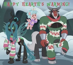 Size: 1825x1623 | Tagged: safe, artist:itoruna-the-platypus, derpibooru import, cozy glow, lord tirek, queen chrysalis, centaur, changeling, changeling queen, pegasus, pony, taur, boob window, christmas sweater, clothes, female, filly, flying, foal, hearth's warming, image, legion of doom, male, png, snow, sweater