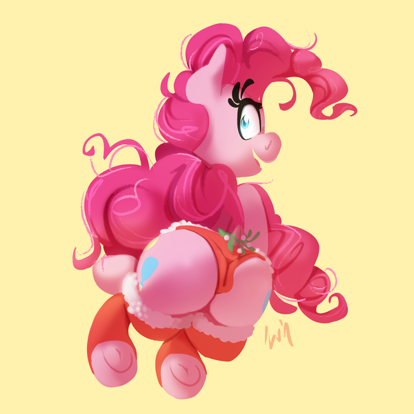 Size: 2160x2160 | Tagged: questionable, artist:zvn, derpibooru import, pinkie pie, earth pony, cameltoe, female, image, jumping, looking at you, looking over shoulder, mistletoe, png, solo, solo female, the ass was fat