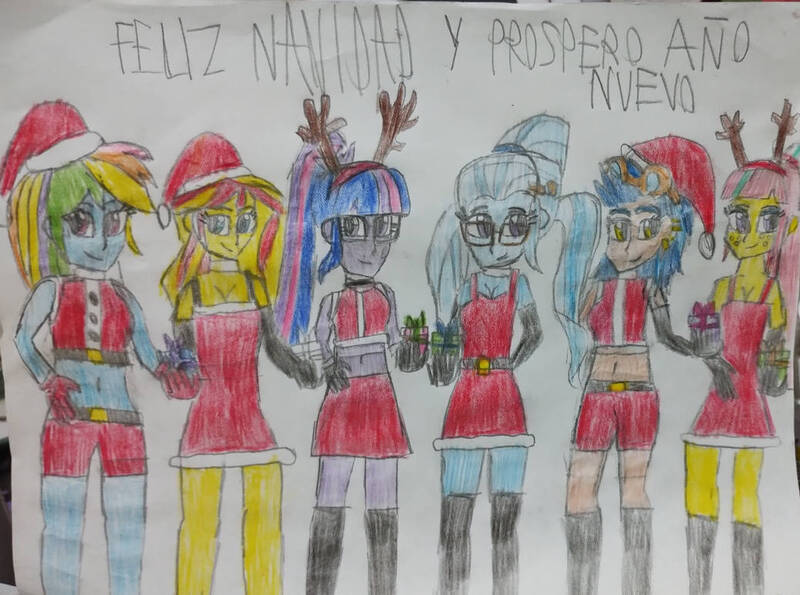 Size: 1037x771 | Tagged: safe, artist:brandonale, derpibooru import, indigo zap, rainbow dash, sci-twi, sour sweet, sugarcoat, sunset shimmer, twilight sparkle, equestria girls, antlers, christmas, hat, holiday, image, jpeg, present, santa hat, traditional art