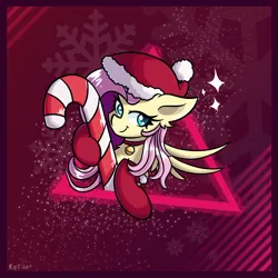 Size: 1800x1800 | Tagged: safe, artist:rejiser, derpibooru import, fluttershy, pegasus, pony, abstract background, bell, bell collar, candy, candy cane, christmas, clothes, collar, female, food, hat, holiday, image, mare, png, santa hat, socks, solo, sparkles, stockings, thigh highs