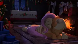 Size: 3840x2160 | Tagged: safe, artist:owlpirate, derpibooru import, applejack, fluttershy, earth pony, pegasus, pony, 3d, 4k, appleshy, christmas, christmas stocking, christmas tree, cuddling, cute, eyes closed, female, fire, fireplace, high res, holiday, image, jackabetes, lesbian, lying down, mare, night, png, present, prone, shipping, shyabetes, snow, snowfall, source filmmaker, tree, window