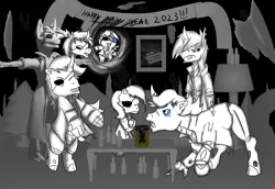 Size: 2480x1709 | Tagged: safe, artist:damset, derpibooru import, oc, oc:da-mset, unofficial characters only, changeling, undead, 3d, cider, cloak, clothes, destruction, drunk, dust changelings, eyepatch, g1, g2, g3, g3.5, happy new year, happy new year 2023, holiday, image, jpeg, monochrome, one eyed, party, pony in a bottle, squatpony, t pose, void, warp-zone