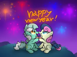 Size: 3548x2619 | Tagged: safe, artist:background basset, derpibooru import, bon bon, lyra heartstrings, sweetie drops, pony, unicorn, duo, duo female, female, fireworks, glass, grass, grass field, happy new year, holiday, image, open mouth, png, text