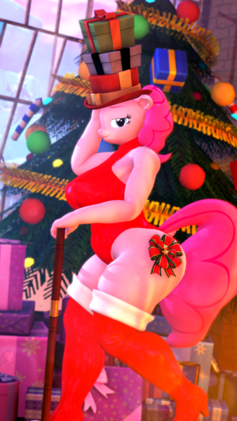 Size: 2160x3840 | Tagged: suggestive, artist:silkworm205, derpibooru import, pinkie pie, anthro, art pack:winter wonderland 2022, 3d, big breasts, boots, breasts, busty pinkie pie, cane, christmas, christmas presents, christmas tree, clothes, colored eyebrows, female, hat, hat tip, high heel boots, holiday, image, indoors, knee-high boots, leotard, looking at you, png, present, shoes, solo, solo female, source filmmaker, tree, wide hips, window