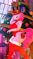 Size: 2160x3840 | Tagged: suggestive, artist:silkworm205, derpibooru import, pinkie pie, anthro, art pack:winter wonderland 2022, 3d, big breasts, boots, breasts, busty pinkie pie, cane, christmas, christmas presents, christmas tree, clothes, colored eyebrows, female, hat, hat tip, high heel boots, holiday, image, indoors, knee-high boots, leotard, looking at you, png, present, shoes, solo, solo female, source filmmaker, tree, wide hips, window