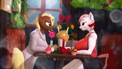 Size: 3840x2160 | Tagged: safe, artist:silkworm205, derpibooru import, oc, oc:jessica, oc:melody, unofficial characters only, anthro, 3d, bedroom eyes, big breasts, breasts, breasts on table, cake, candle, candlelight, candlelight dinner, christmas, christmas decoration, christmas tree, clothes, colored eyebrows, cupcake, date, date night, denim, diner, dinner, duo, duo female, female, flower, food, holding hands, holiday, image, jeans, looking into each others eyes, milkshake, nexgen, oc x oc, pants, png, present, revamped anthros, romantic, shared drink, sharing a drink, shipping, shorts, straw, sweater dress, tanktop, tree, window