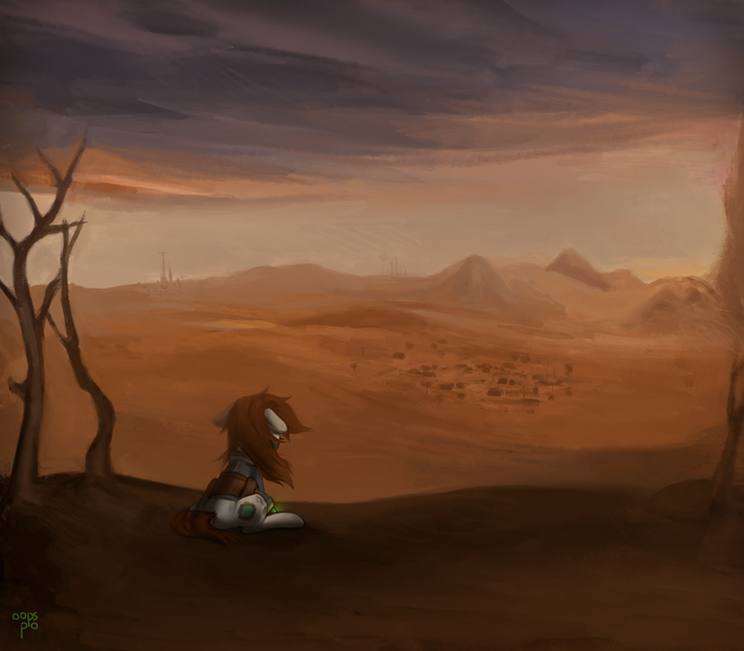 Size: 3164x2768 | Tagged: safe, artist:oops pio, derpibooru import, oc, oc:littlepip, unofficial characters only, pony, unicorn, fallout equestria, background, brown mane, clothes, cloud, complex background, crossover, desert, detailed background, digital art, ears, fallout, female, floppy ears, full body, image, jumpsuit, mare, png, sad, scenery, solo, tree, vault suit, wasteland