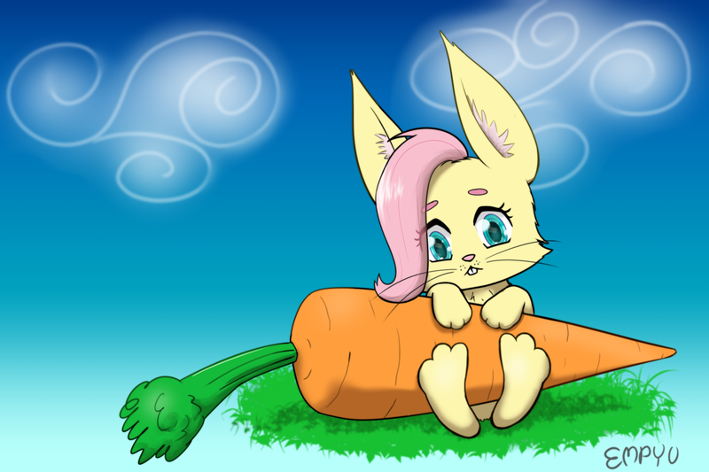 Size: 1500x1000 | Tagged: safe, artist:empyu, derpibooru import, fluttershy, rabbit, animal, bunnified, bunnyshy, carrot, eye clipping through hair, food, image, looking at you, png, solo, species swap