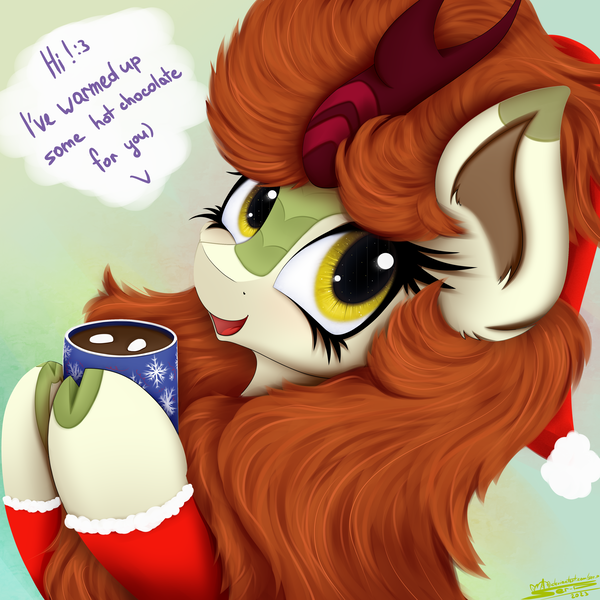 Size: 4000x4000 | Tagged: safe, artist:ser-p, derpibooru import, autumn blaze, kirin, awwtumn blaze, chocolate, christmas, clothes, cute, female, food, hat, holiday, hoof hold, hot chocolate, image, marshmallow, mug, png, santa hat, smiling, solo