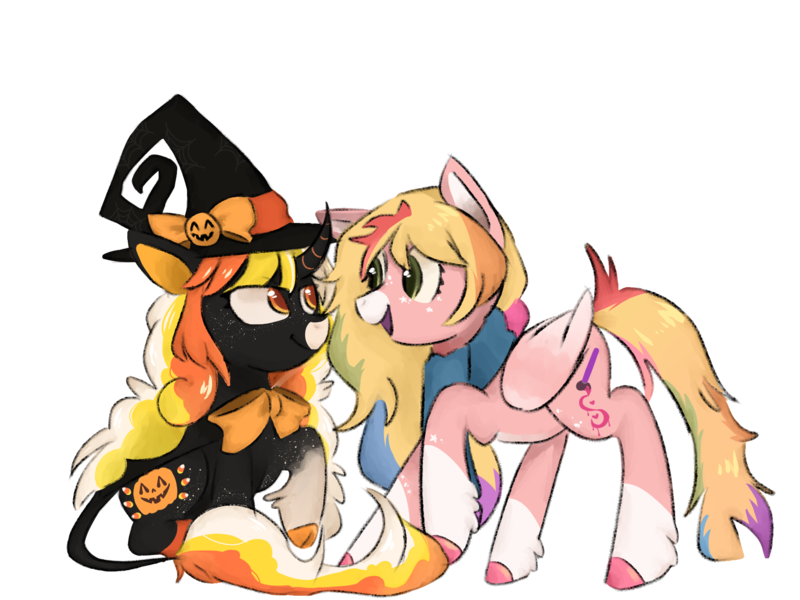 Size: 2048x1536 | Tagged: safe, artist:metaruscarlet, derpibooru import, oc, oc:day dreamer, oc:pumpkin brew, unofficial characters only, classical unicorn, pegasus, pony, unicorn, derpibooru community collaboration, 2023 community collab, bowtie, cape, clothes, cloven hooves, curved horn, cute, duo, freckles, hat, horn, image, leonine tail, looking at each other, looking at someone, markings, multicolored hair, open mouth, png, rainbow hair, raised hoof, scarf, simple background, sitting, transparent background, unshorn fetlocks, witch, witch hat