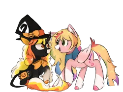 Size: 2048x1536 | Tagged: safe, artist:metaruscarlet, derpibooru import, oc, oc:day dreamer, oc:pumpkin brew, unofficial characters only, classical unicorn, pegasus, pony, unicorn, derpibooru community collaboration, 2023 community collab, bowtie, cape, clothes, cloven hooves, curved horn, cute, duo, freckles, hat, horn, image, leonine tail, looking at each other, looking at someone, markings, multicolored hair, open mouth, png, rainbow hair, raised hoof, scarf, simple background, sitting, transparent background, unshorn fetlocks, witch, witch hat