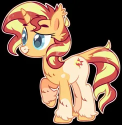 Size: 1239x1272 | Tagged: safe, artist:kreedie, derpibooru import, sunset shimmer, pony, unicorn, base used, black background, female, image, jpeg, mare, redesign, simple background, smiling, solo, unshorn fetlocks