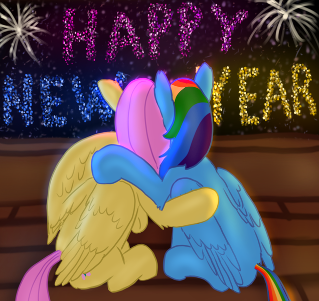 Size: 1032x973 | Tagged: safe, artist:callichrome, derpibooru import, fluttershy, rainbow dash, pegasus, pony, 2023, female, fireworks, flutterdash, folded wings, happy new year, happy new year 2023, holiday, hug, image, lesbian, night, png, shipping, stars, wings