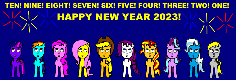 Size: 2454x832 | Tagged: safe, derpibooru import, applejack, derpy hooves, fluttershy, pinkie pie, rainbow dash, rarity, starlight glimmer, sunset shimmer, trixie, twilight sparkle, 2023, alternate mane seven, blue background, fireworks, happy new year, happy new year 2023, holiday, image, looking up, mane six, png, simple background