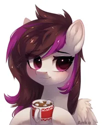 Size: 1900x2296 | Tagged: safe, artist:anku, derpibooru import, oc, pegasus, pony, bust, cup, female, food, image, mare, marshmallow, png, portrait, simple background, smiling, white background