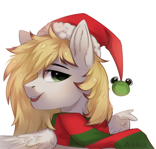 Size: 1900x1812 | Tagged: safe, artist:anku, derpibooru import, oc, oc:ludwig von leeb, frog, pegasus, pony, bust, clothes, image, male, open mouth, png, portrait, scarf, simple background, white background