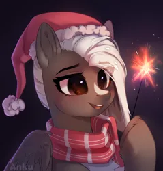 Size: 1900x1984 | Tagged: safe, artist:anku, derpibooru import, oc, pegasus, pony, bust, clothes, female, image, mare, open mouth, png, portrait, scarf, simple background