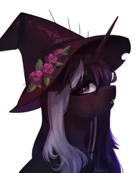 Size: 1900x2400 | Tagged: safe, artist:anku, derpibooru import, oc, pony, unicorn, bust, clothes, female, hat, image, mare, open mouth, png, portrait, scarf, simple background, white background, witch hat