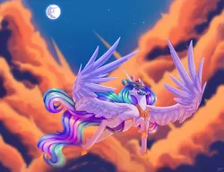 Size: 5736x4400 | Tagged: safe, artist:honeybbear, derpibooru import, princess celestia, pony, cloud, flying, image, jpeg, large wings, looking back, mare in the moon, moon, solo, spread wings, wings