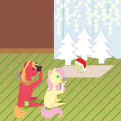 Size: 2160x2160 | Tagged: safe, anonymous artist, derpibooru import, big macintosh, fluttershy, ponyacci, oc, oc:late riser, earth pony, pegasus, pony, series:fm holidays, series:hearth's warming advent calendar 2022, advent calendar, baby, baby pony, camera, cardboard cutout, christmas, christmas lights, colt, covered eyes, family, female, fluttermac, foal, grin, hand puppet, hat, high res, holiday, image, lineless, male, mare, offspring, oversized hat, parent:big macintosh, parent:fluttershy, parents:fluttermac, png, pointy ponies, rug, santa hat, shipping, sitting, smiling, stallion, straight