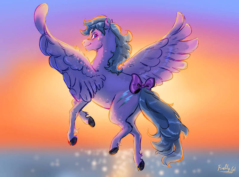 Size: 1038x770 | Tagged: safe, artist:nightprince-art, derpibooru import, firefly, pegasus, pony, blushing, bow, female, flying, g1, image, jpeg, looking at you, looking back, looking back at you, mare, signature, solo, spread wings, sunset, tail, tail bow, water, wings