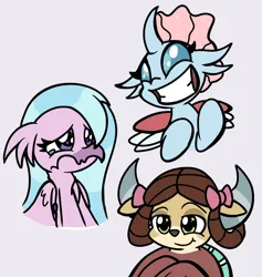 Size: 1420x1496 | Tagged: safe, artist:derp pone, derpibooru import, ocellus, silverstream, yona, changedling, changeling, hippogriff, yak, cute, derpibooru exclusive, expressions, faic, image, png, reference, sad, smug, trio, wide smile