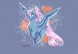 Size: 1070x747 | Tagged: safe, artist:nightprince-art, derpibooru import, wind whistler, pegasus, pony, blue background, blushing, bow, female, flower, flying, g1, image, jpeg, looking at you, mare, signature, simple background, solo, spread wings, tail, tail bow, wings