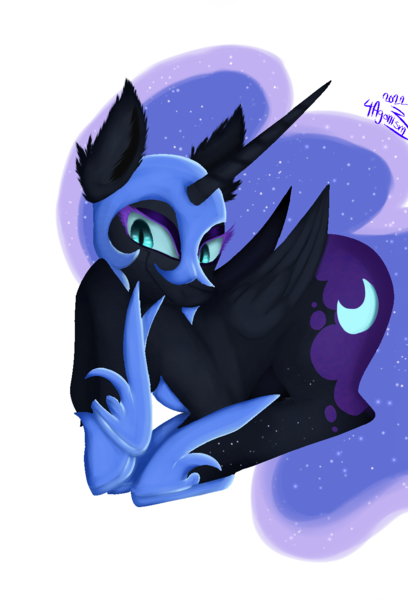 Size: 948x1395 | Tagged: safe, artist:4agonism, derpibooru import, part of a set, nightmare moon, princess luna, alicorn, pony, antagonist, butt, ear fluff, ethereal mane, female, folded wings, full body, glow, glowing eyes, horn, image, jewelry, looking sideways, lying down, mare, moonbutt, png, prone, raised hoof, raised hooves, regalia, simple background, smiling, smirk, solo, translucent mane, villainess, white background, wings