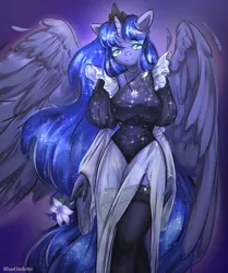 Size: 1756x2098 | Tagged: safe, artist:blueomlette, derpibooru import, princess luna, alicorn, anthro, alternate hairstyle, blue eyes, breasts, clothes, crown, dress, eyebrows, eyelashes, eyeshadow, flower, garters, hips, horn, image, jewelry, lidded eyes, lily (flower), looking at you, makeup, pegasus wings, png, regalia, smiling, socks, solo, stockings, tail, thigh highs, thighs, wings