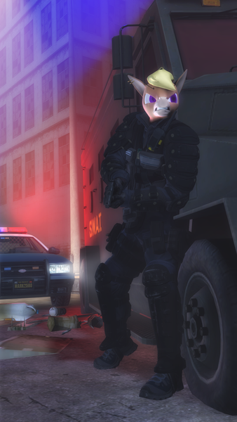 Size: 1440x2560 | Tagged: safe, artist:artempredator, derpibooru import, ponerpics import, oc, oc:nickyequeen, unofficial characters only, anthro, donkey, 3d, anthro plantigrade, commissioner:nickyequeen, counter-strike: global offensive, female, gun, image, male, png, police, source filmmaker, weapon