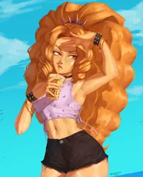 Size: 2000x2480 | Tagged: safe, artist:nire, derpibooru import, adagio dazzle, equestria girls, armpits, belly button, bracelet, breasts, bubble tea, choker, clothes, cloud, drink, eyeshadow, image, lipstick, makeup, midriff, nail polish, png, shorts, sideboob, sleeveless, spiked headband, spiked wristband, sweat, thighs, wide hips, wristband
