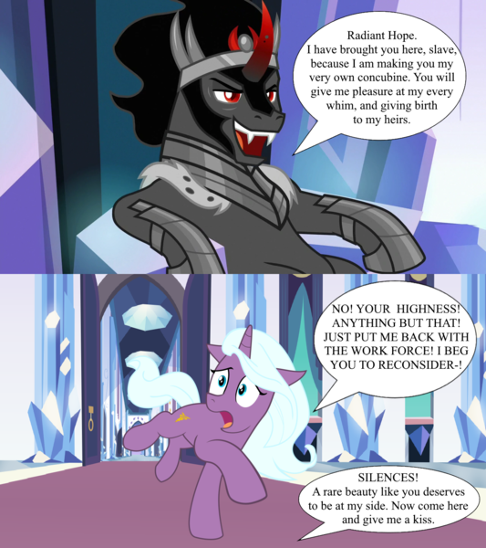 Size: 1280x1440 | Tagged: safe, artist:davidpinskton117, artist:sollace, derpibooru import, edit, edited screencap, idw, screencap, king sombra, radiant hope, pony, the beginning of the end, the times they are a changeling, .svg available, alternate universe, concubine, crystal empire, female, hopebra, image, imminent kissing, imminent sex, implied sex, male, png, shipping, shipping domino, show accurate, speech bubble, straight, throne room, vector